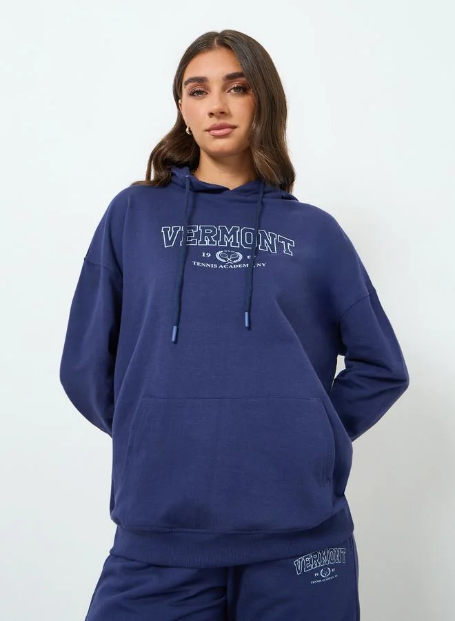 Styli Women Navy Blue Hoodie and Wide Leg Pants Co-Ords